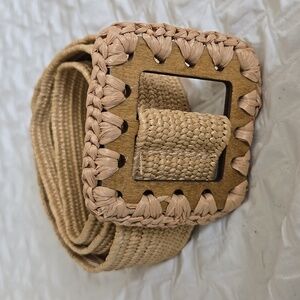 Rachel Zoe Beige Woven Bohemian Belt With Square Buckle Hippie Boho Belt